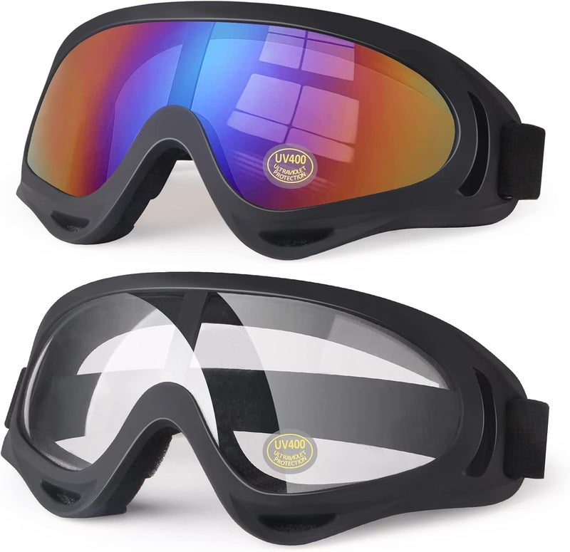 4-FQ Motorcycle Goggles Kids, 2 Pack Dirt Bike ATV Motocross Ski Goggles, Off Road Riding Racing Glasses for Child, Anti-UV Dust Airsoft Glasses for Men Women Youth Adult (Black Frame/Color+Clear Lens) - Image 1